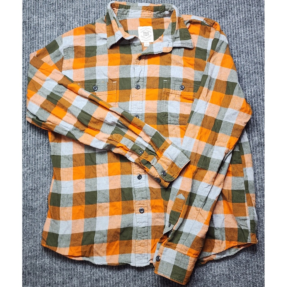 True Craft Mens Flannel Shirt Large Orange Green Plaid Cotton Button Down L